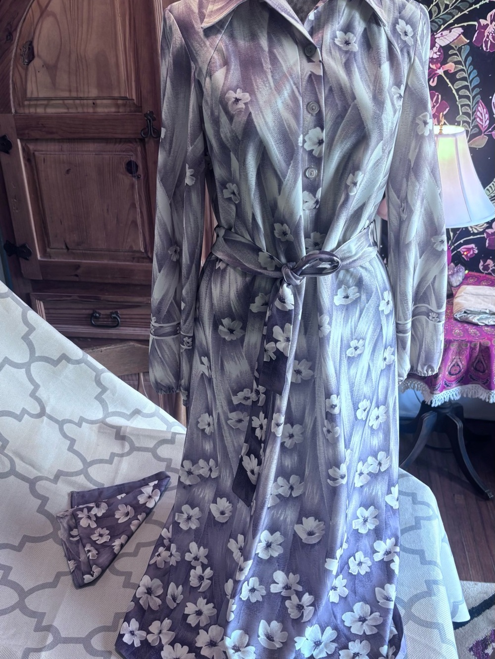 Vintage Lavender Floral Maxi Shirt Dress with Self-Tie Belt & matching scar